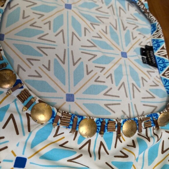 Nicole Miller Blue Boho Aztec Beaded Embellished Neck Floral Dress Large Ruffled - Picture 9 of 15